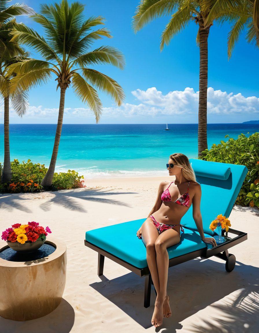 A stunning beach with a luxurious poolside setting, featuring a stylish woman lounging in a trendy bikini, surrounded by tropical palm trees and vibrant flowers. Include a refreshing cocktail on a side table and a picturesque ocean view in the background, capturing the essence of vacation bliss. The scene should be bright and sunny, evoking a sense of relaxation and glamour. super-realistic. vibrant colors. 3D.